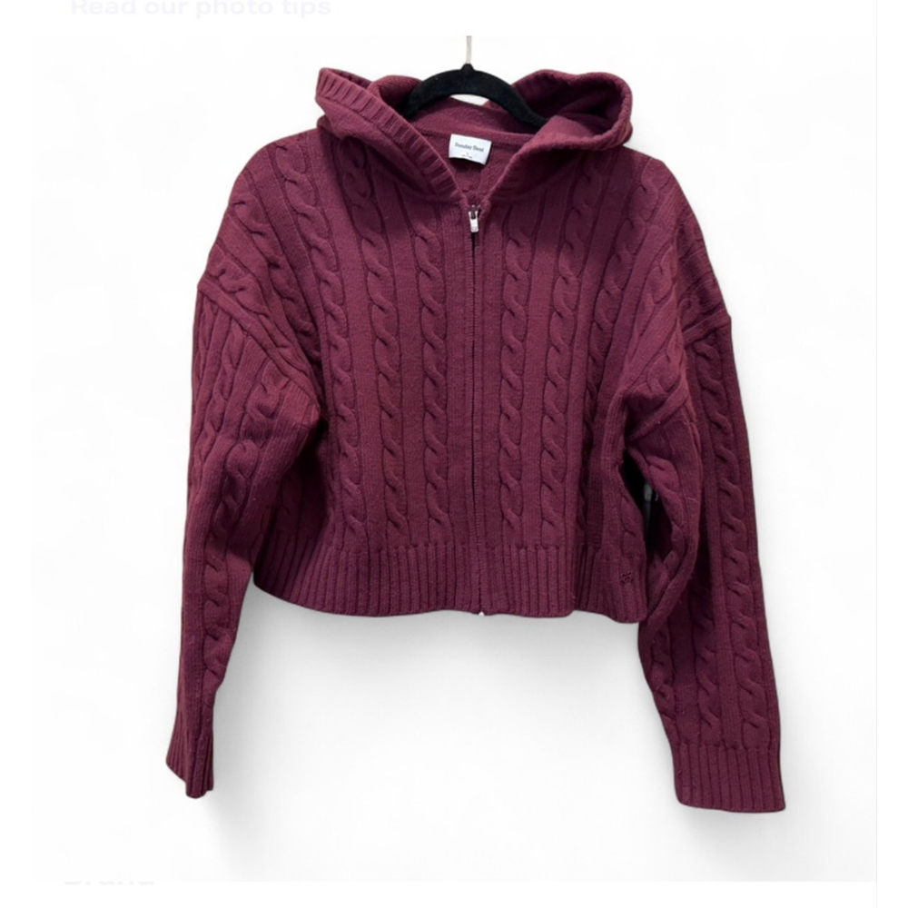 Women's Sunday Best Maroon Cable Knit Cropped Hoodie S Sweater